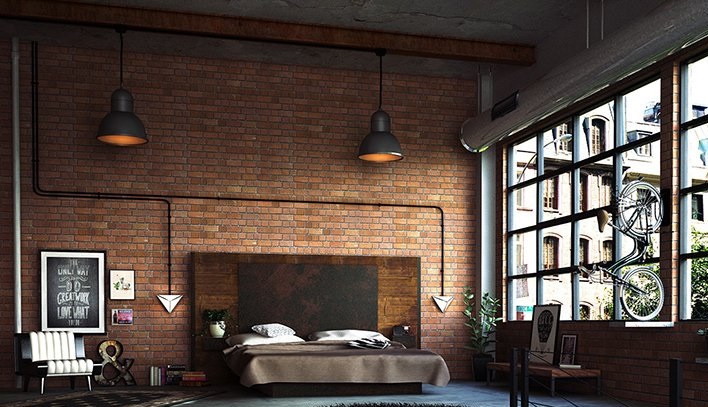 lampy loftowe na tle ściany z cegły